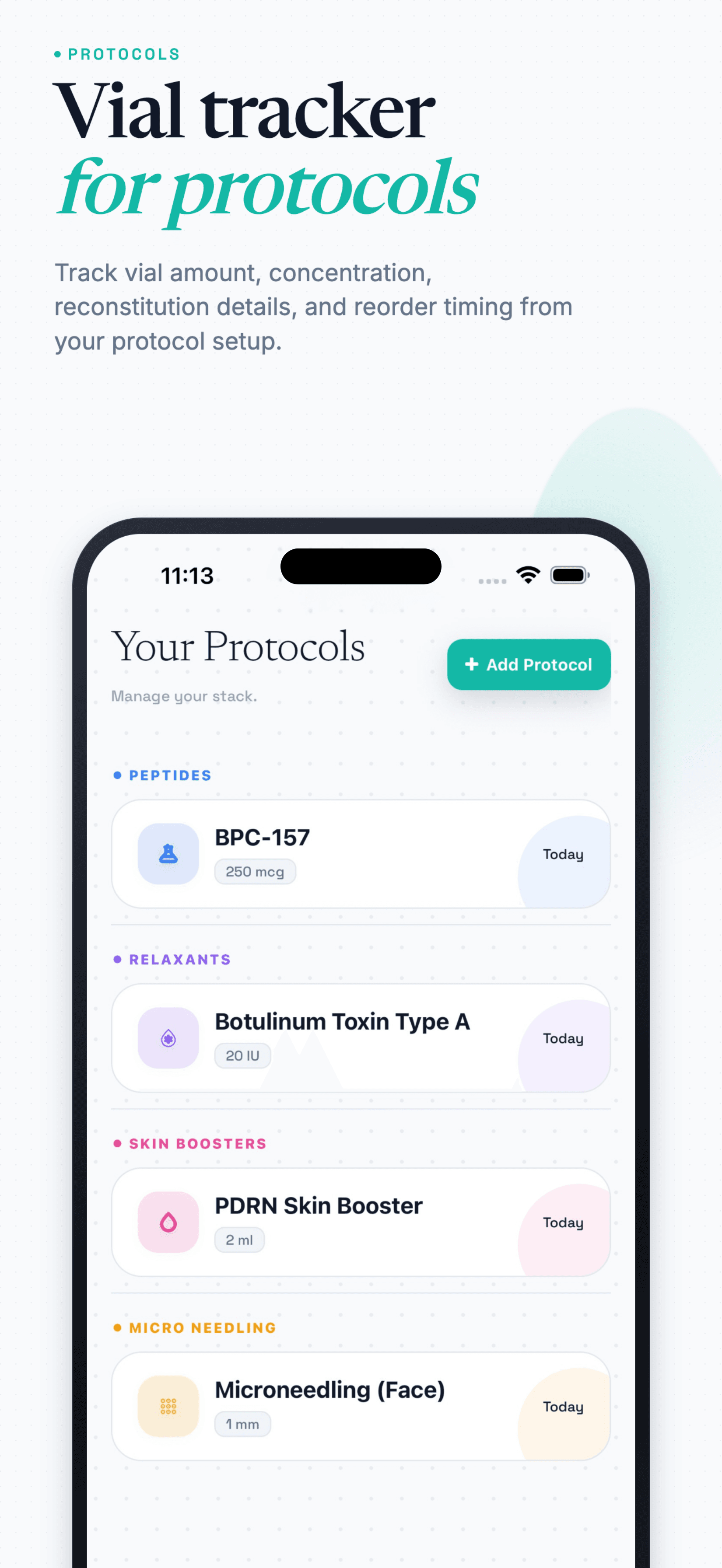 Your Protocols screen with Peptide, Relaxant, Skin Booster, and Microneedling entries