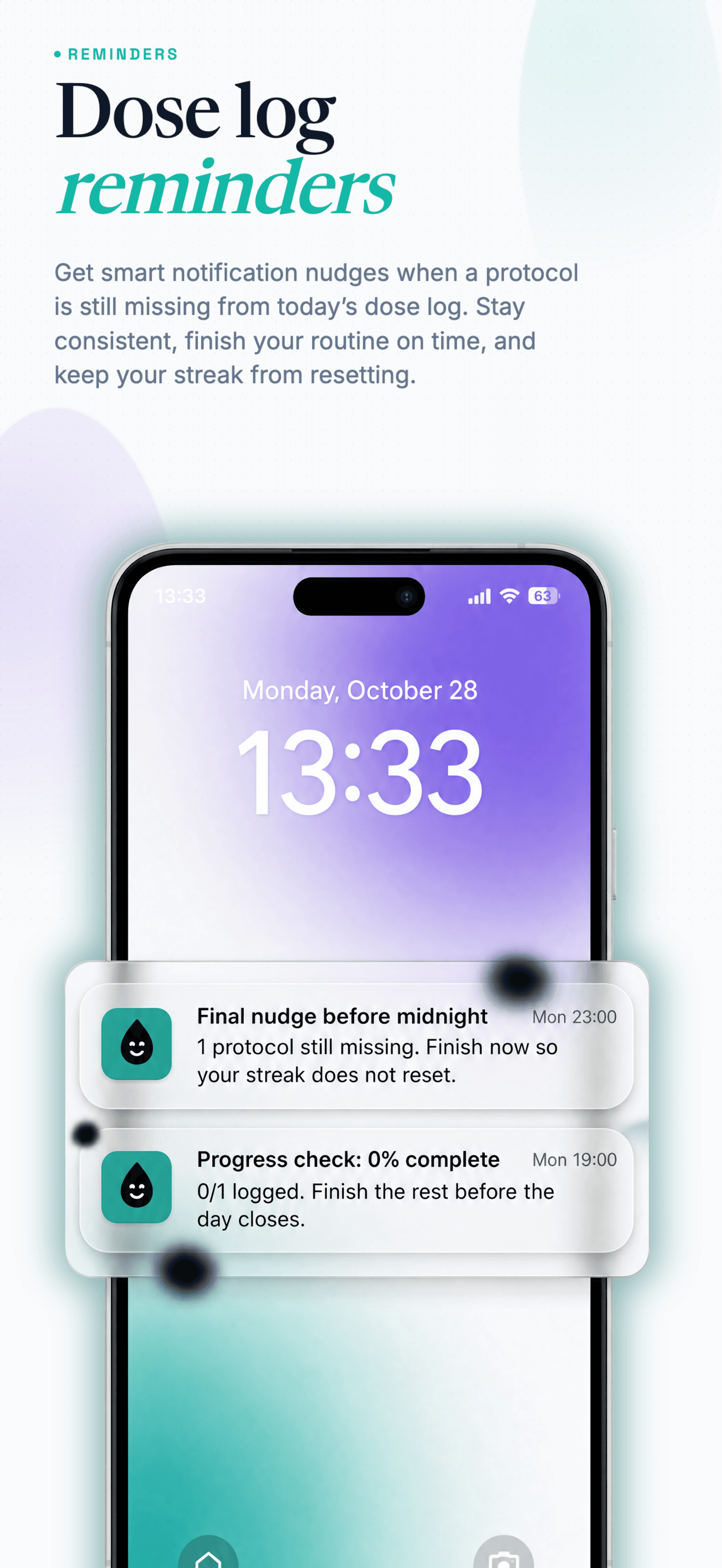 Lock screen with two Dosefi reminders: final nudge before midnight and progress check