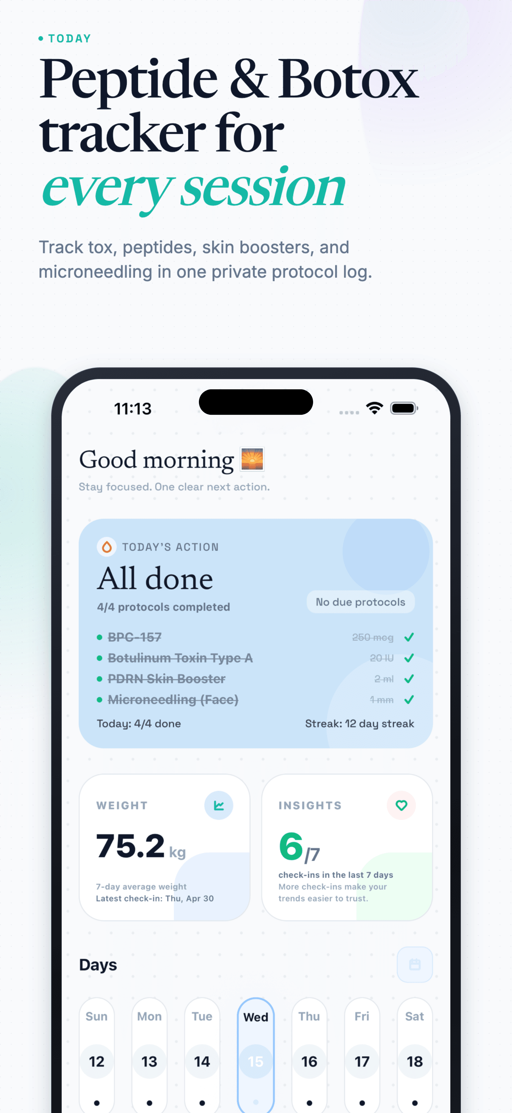 Dosefi home screen showing today's protocol checklist, weight, and insights