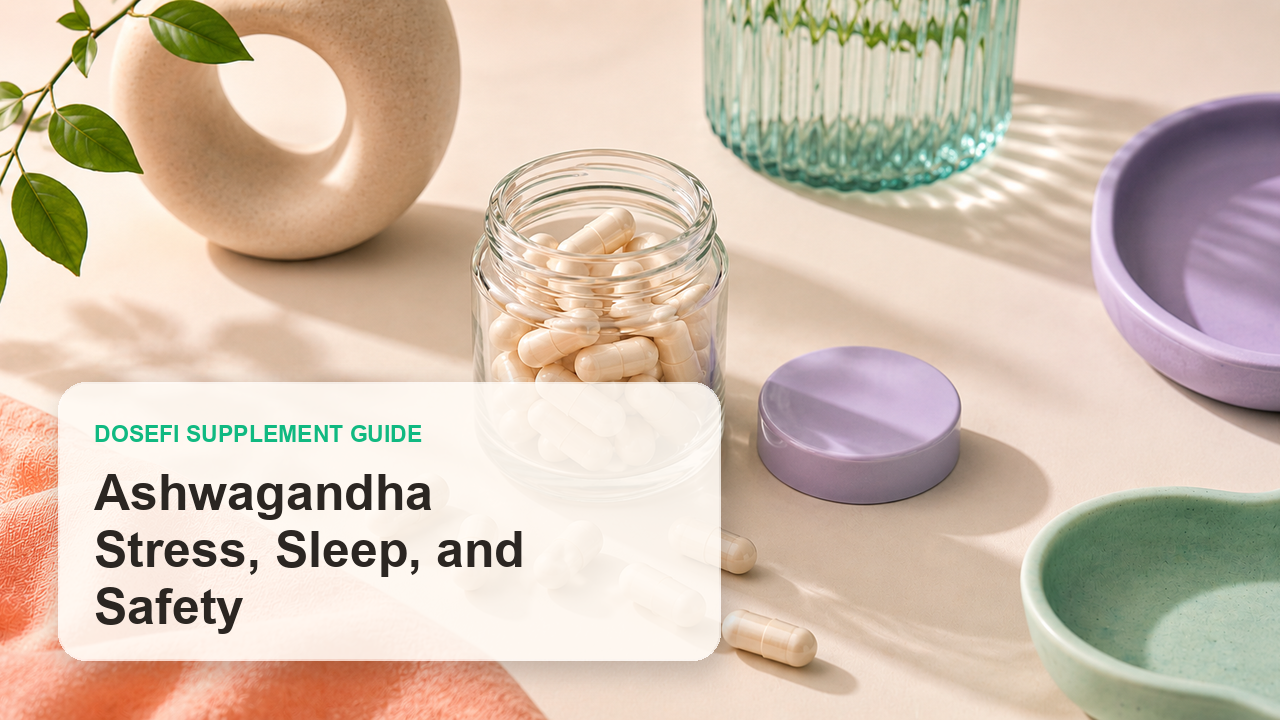 Dosefi supplements guide hero image with overlaid text for Ashwagandha