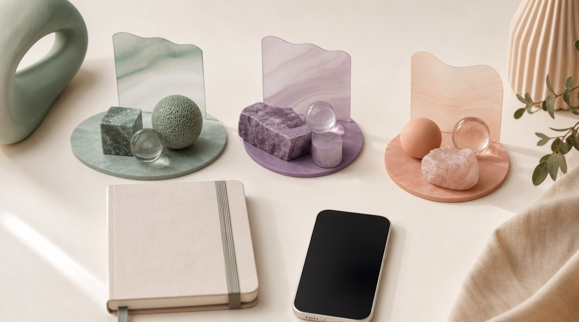 Quiet flat-lay of a closed journal, a pen, and soft pastel shapes on a pale linen surface