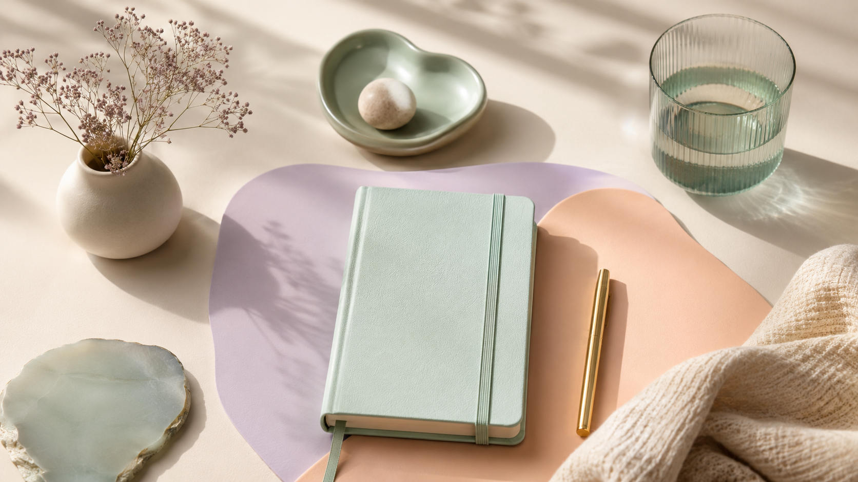 Calm flat-lay of a logbook, a calendar, and soft pastel shapes on a warm off-white surface