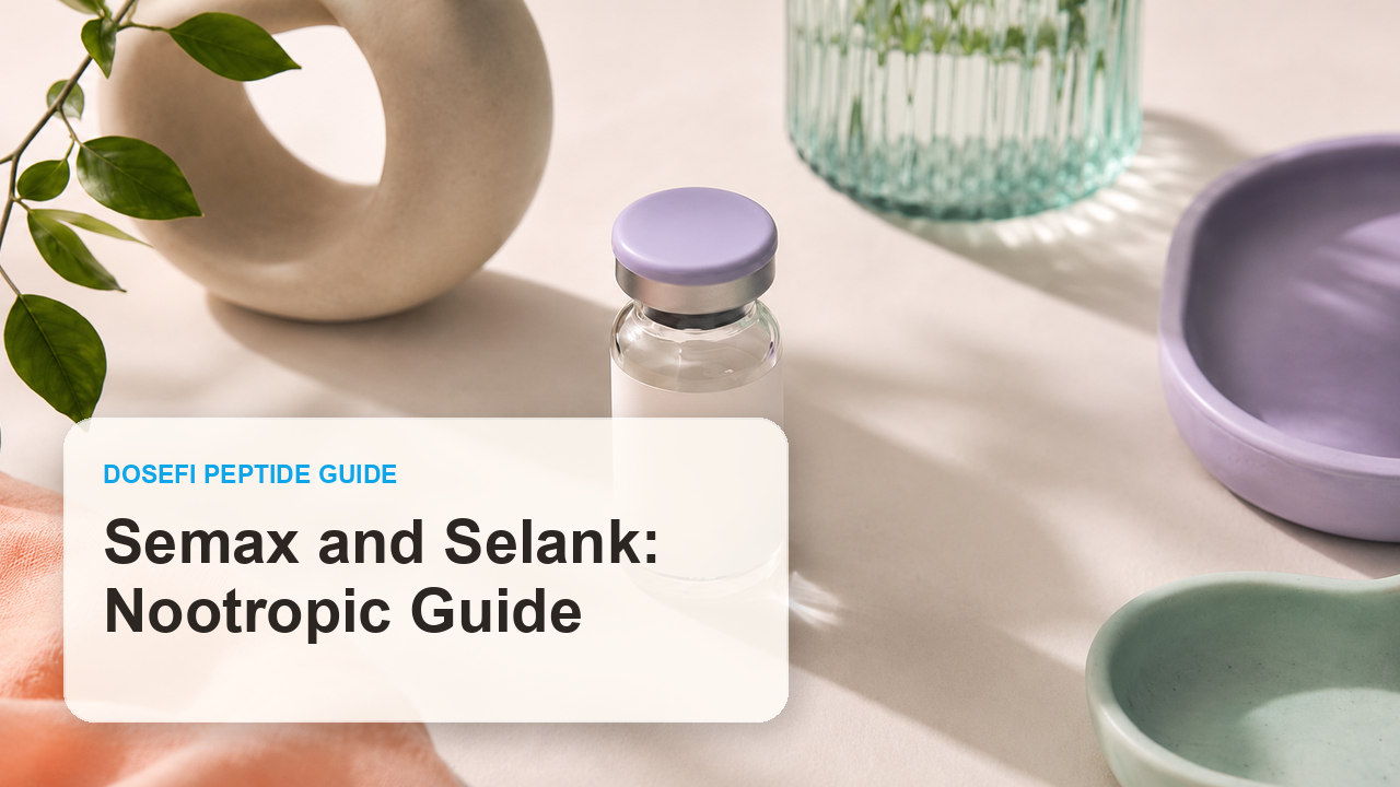 Dosefi peptides guide hero image with overlaid text for Semax + Selank