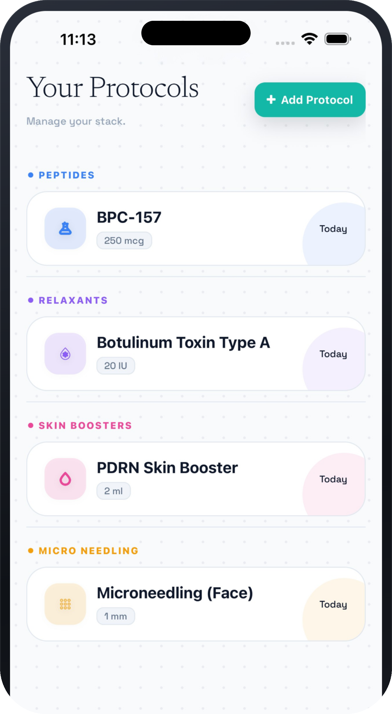 Dosefi protocols screen listing a supplement and peptide stack
