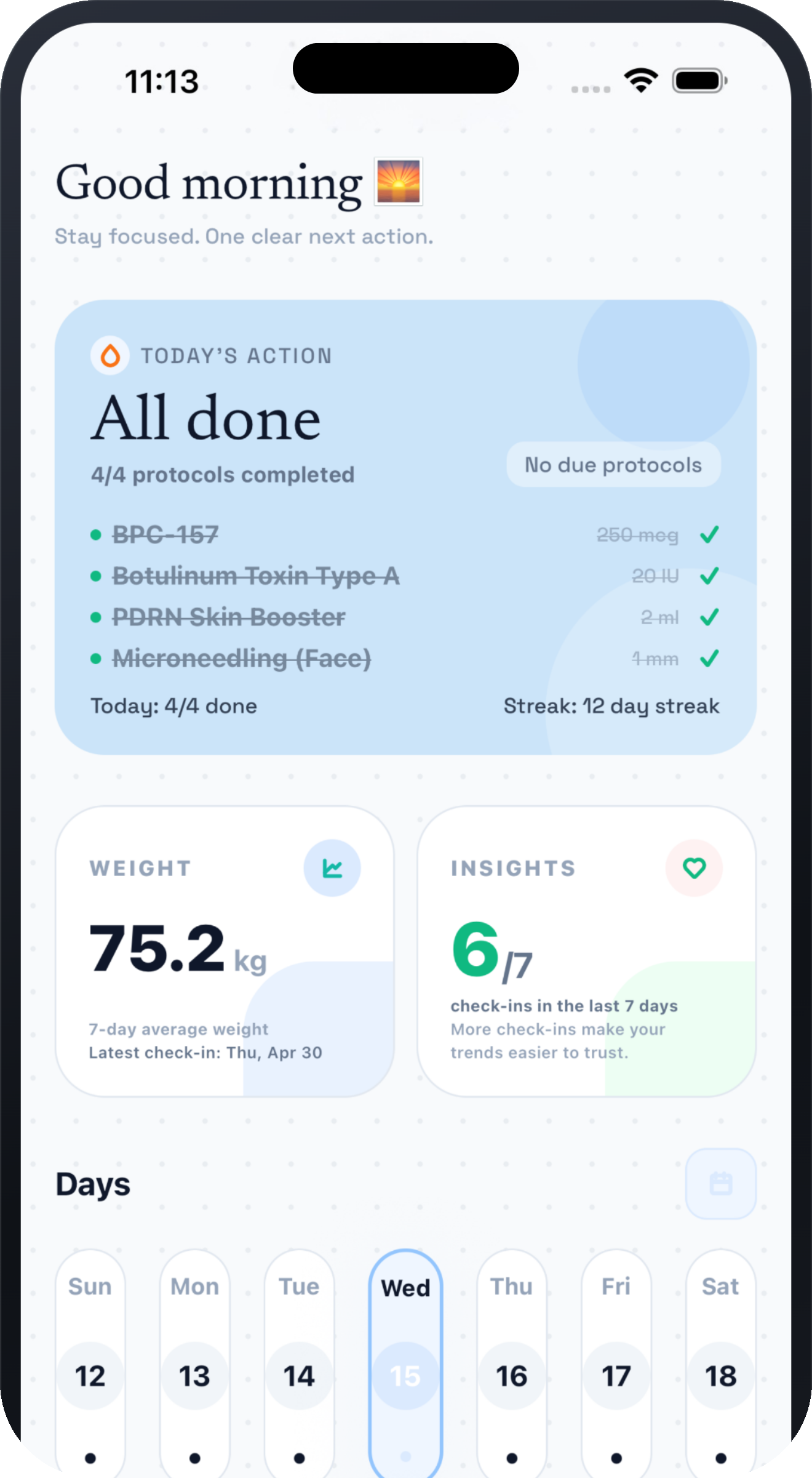 Dosefi home dashboard showing a daily supplement routine